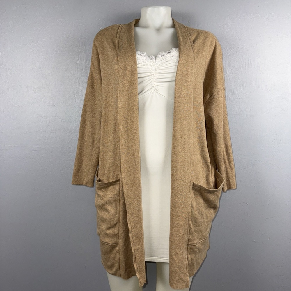 Pact Airplane Wrap Cardigan XS/S Sesame Heather Tan Open Sweater Raw Edges